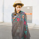 Embroidered Cotton Long Scarf Dark gray
