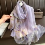 Women's All Dress Matching Elegant Transparent Thin Silk Printing Long Scarf light purple Magnolia