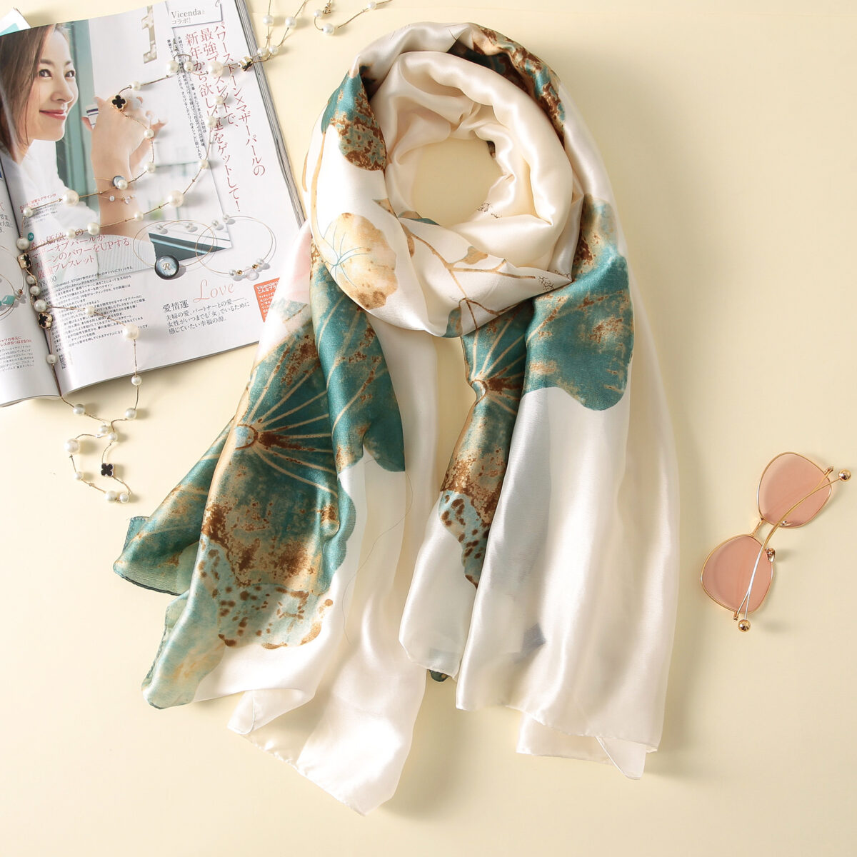 Silk Satin Long Scarf rice White - Image 3