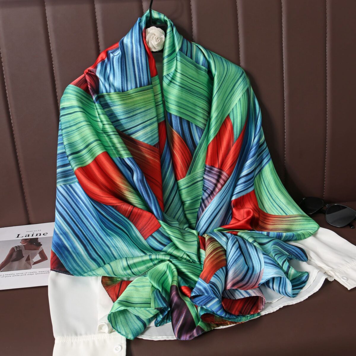 Green Silk Satin Green Long Scarf - Image 1