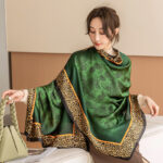 Silk Satin Leopard print dark green Long Scarf - Image 3