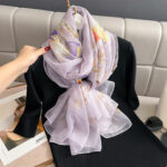 Women's All Dress Matching Elegant Transparent Thin Silk Printing Long Scarf light purple Magnolia - Image 2