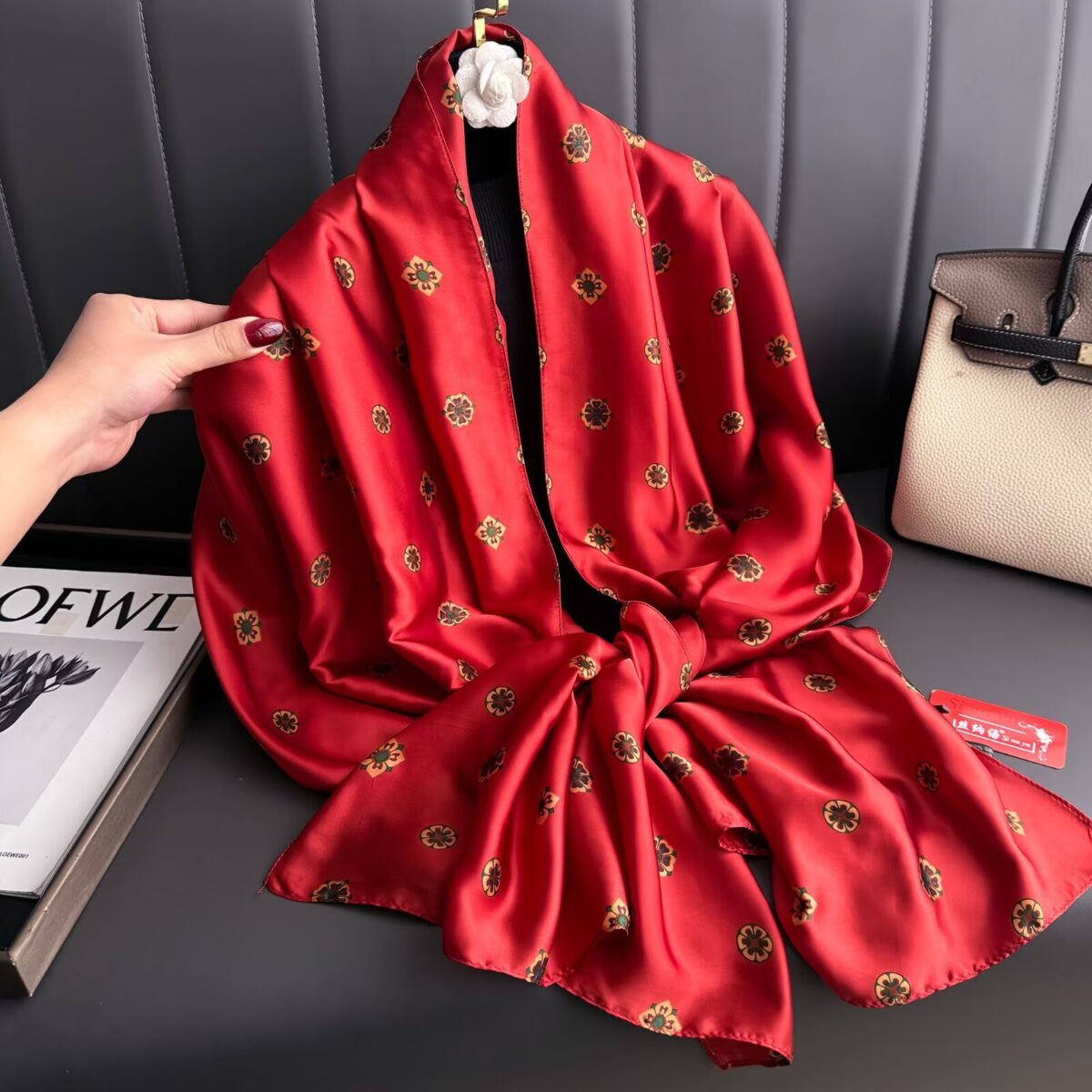 Silk Satin Long Scarf Merron Red - Image 2