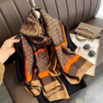 Silk Satin Orange and Coffee Long Scarf - Image 3