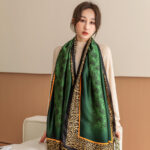 Silk Satin Leopard print dark green Long Scarf - Image 2