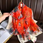 Transparent Thin Silk Peony Orange Long Scarf - Image 3
