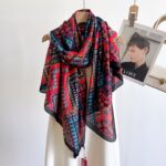 Silk Satin Long Scarf Red and blue geometry