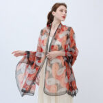Transparent Thin Silk Red and black Long Scarf - Image 4