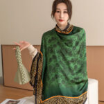 Silk Satin Leopard print dark green Long Scarf - Image 4
