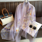Women's All Dress Matching Elegant Transparent Thin Silk Printing Long Scarf light purple Magnolia - Image 3