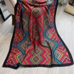 Silk Satin Long Scarf Red and blue geometry - Image 2