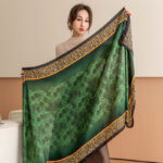 Silk Satin Leopard print dark green Long Scarf - Image 5