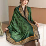 Silk Satin Leopard print dark green Long Scarf