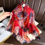 Transparent Thin Silk Peony Red Long Scarf - Image 2