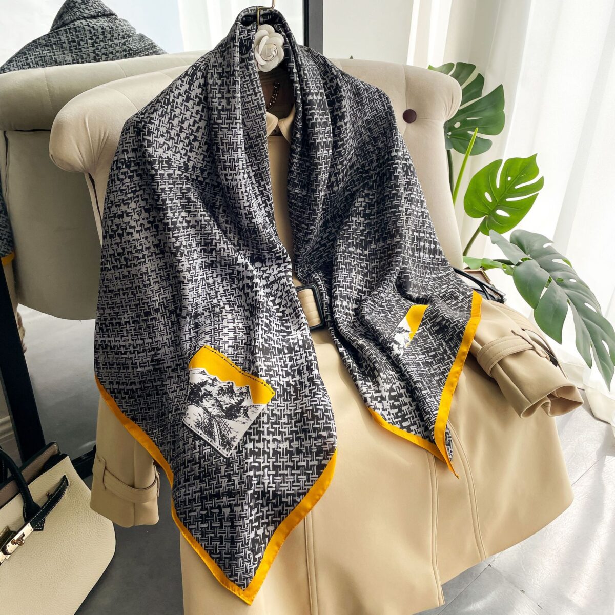 Silk Satin gray line Long Scarf - Image 4