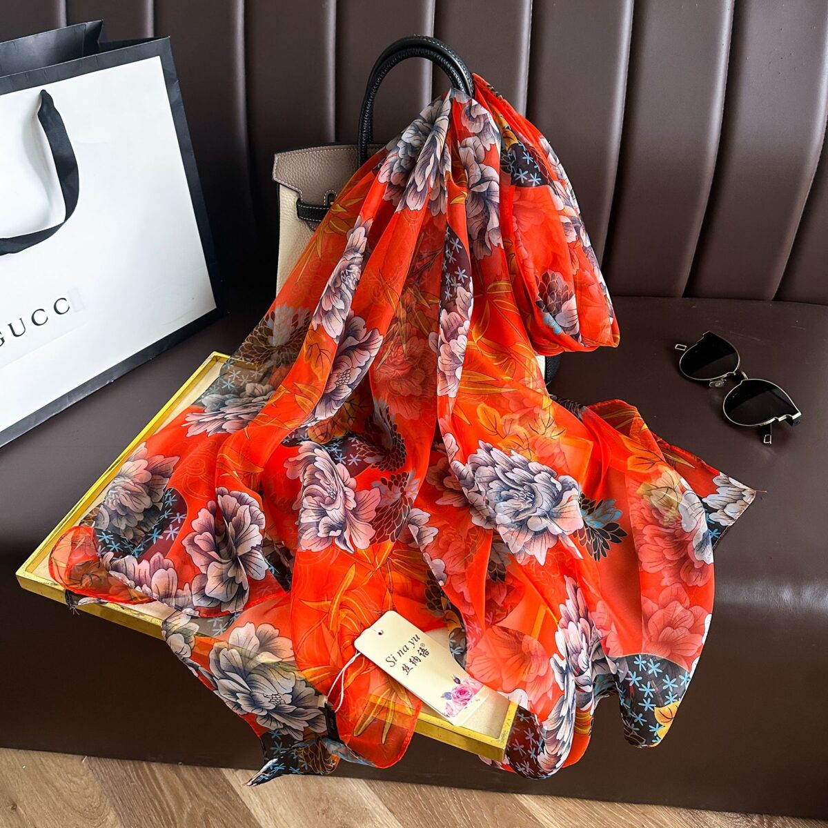 Transparent Thin Silk Peony Orange Long Scarf - Image 2