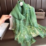 Elegant Green Transparent Thin Silk Printing Long Scarf
