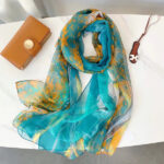 Elegant Tulip-Lake Blue Transparent Thin Silk Printing Long Scarf