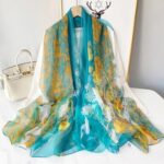 Elegant Tulip-Lake Blue Transparent Thin Silk Printing Long Scarf - Image 2
