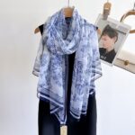 Women's All Dress Matching Elegant Fangting Light blue Transparent Thin Silk Printing Long Scarf