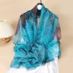 Elegant Coral Sea-Blue Transparent Thin Silk Printing Long Scarf - Image 4