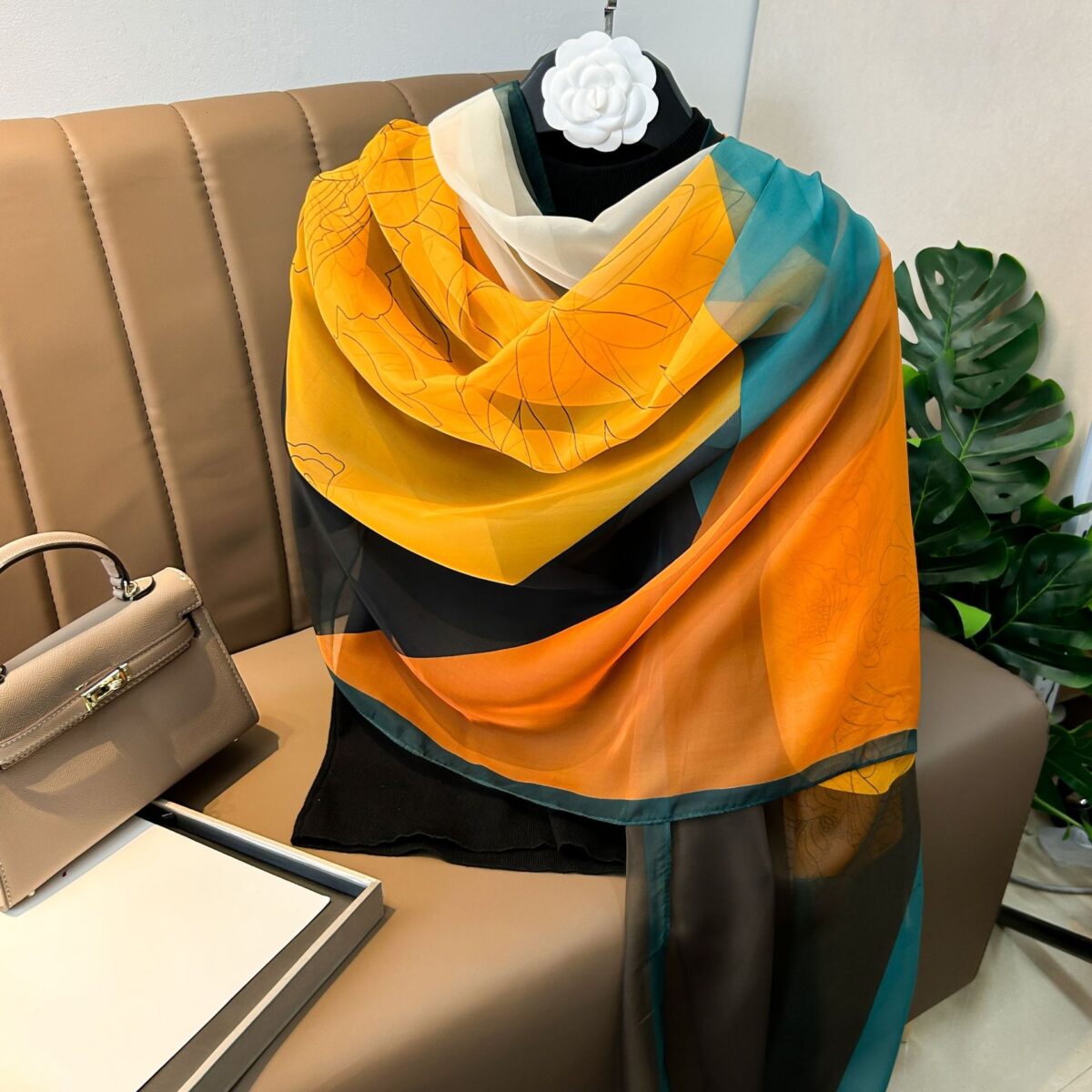 Elegant block peony Transparent Thin Silk Printing Long Scarf - Image 5