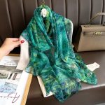 Elegant green floral Transparent Thin Silk Printing Long Scarf - Image 2