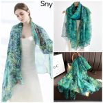 Elegant green floral Transparent Thin Silk Printing Long Scarf - Image 3