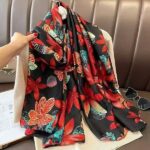 Silk Satin Red flowers blossoming Long Scarf - Image 3