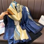 Silk Satin women's printed Long Scarf navy blue Edge - Image 2