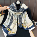 Silk Satin women's printed Long Scarf chain-navy blue - Image 4