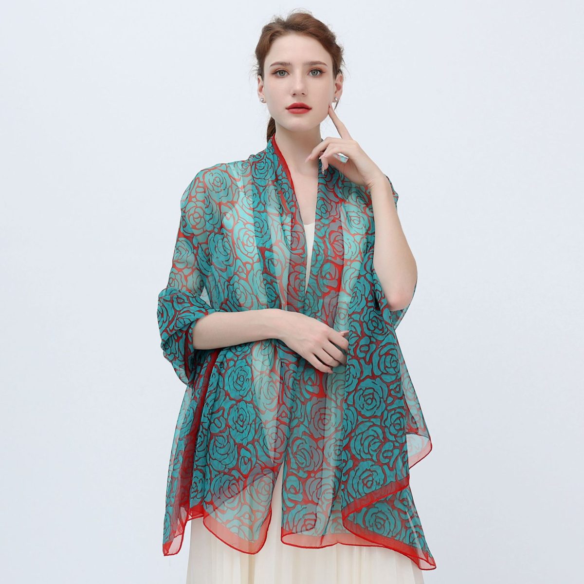 Elegant Rose bushes Red Transparent Thin Silk Printing Long Scarf - Image 3