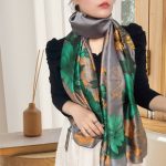 Silk Satin women's printed Long Scarf peony green - Image 2