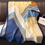 Silk Satin women's printed Long Scarf navy blue Edge