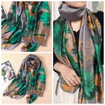 Silk Satin women's printed Long Scarf peony green - Image 3
