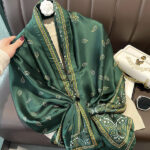Silk Satin women's printed Long Scarf Green - Image 4