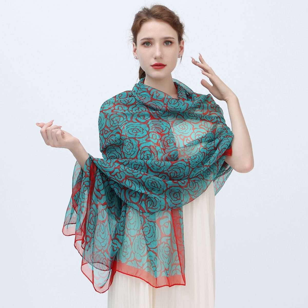 Elegant Rose bushes Red Transparent Thin Silk Printing Long Scarf - Image 1