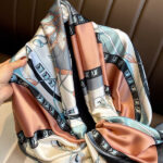 Silk Satin women's printed Long Scarf Green gray leather strip Black - Image 3
