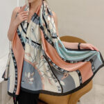 Silk Satin women's printed Long Scarf Green gray leather strip Black