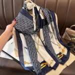 Silk Satin women's printed Long Scarf chain-navy blue