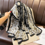 Silk Satin women's printed Long Scarf Black and White