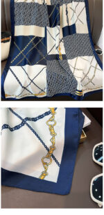 Silk Satin women's printed Long Scarf chain-navy blue - Image 3