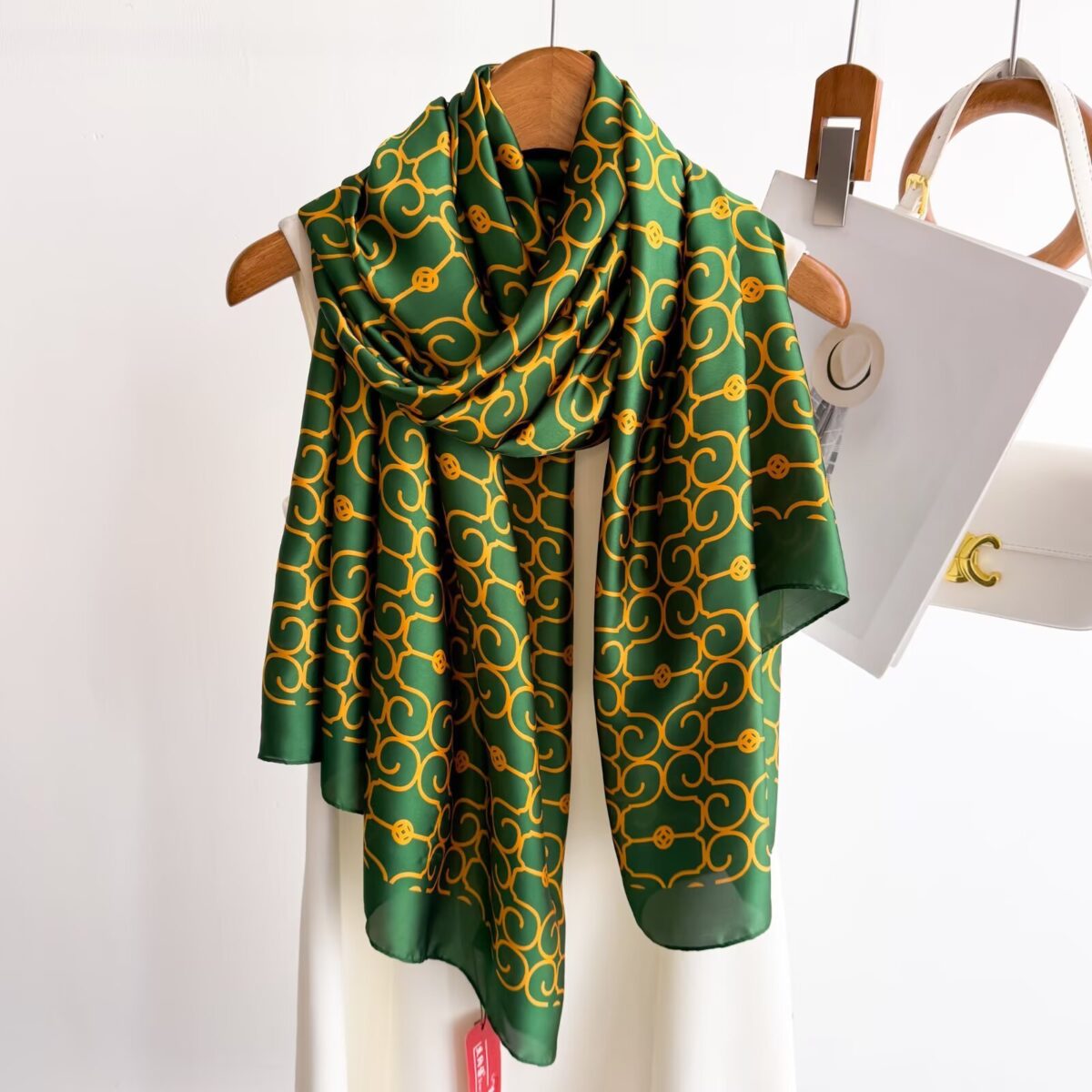 Silk Satin Printing Western Style Long Scarf gold pattern-green - Image 1