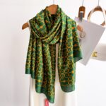 Silk Satin Printing Western Style Long Scarf gold pattern-green