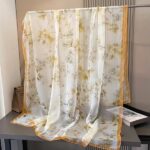 Elegant yellow flowers and plants Transparent Thin Silk Printing Long Scarf
