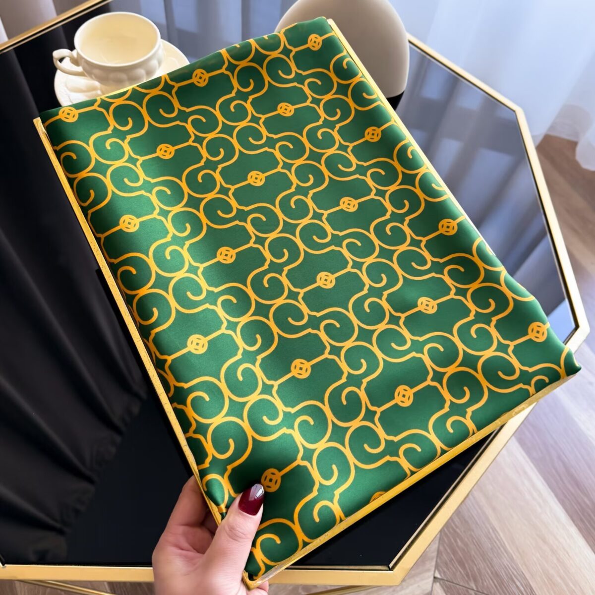 Silk Satin Printing Western Style Long Scarf gold pattern-green - Image 3