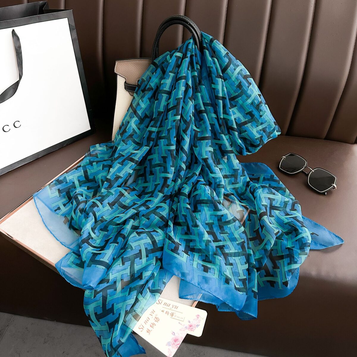 Elegant Double h blue Transparent Thin Silk Printing Long Scarf - Image 2
