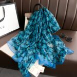 Elegant Double h blue Transparent Thin Silk Printing Long Scarf - Image 2