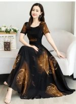 Tight Waist Printed Stitching Women's Dress Polyester fiber Brown