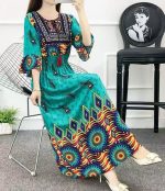 Embroidered Cotton Women's Dress Blue feather